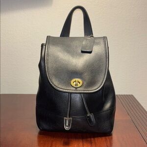 Coach Black Leather Backpack with Gold Turnlock